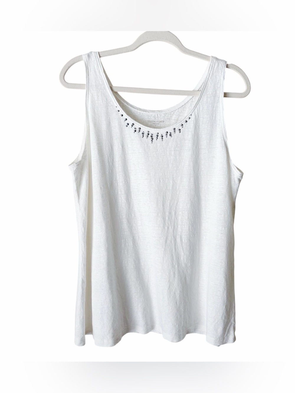 Eileen Fisher | 100% Linen Beaded Neckline Tank Top Summer Off White Large